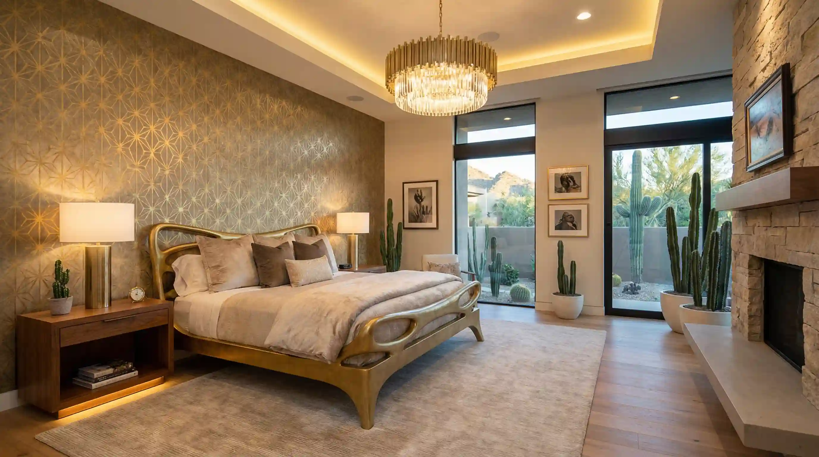 Finished wallpapered bedroom interior with a professional wallcovering aesthetic