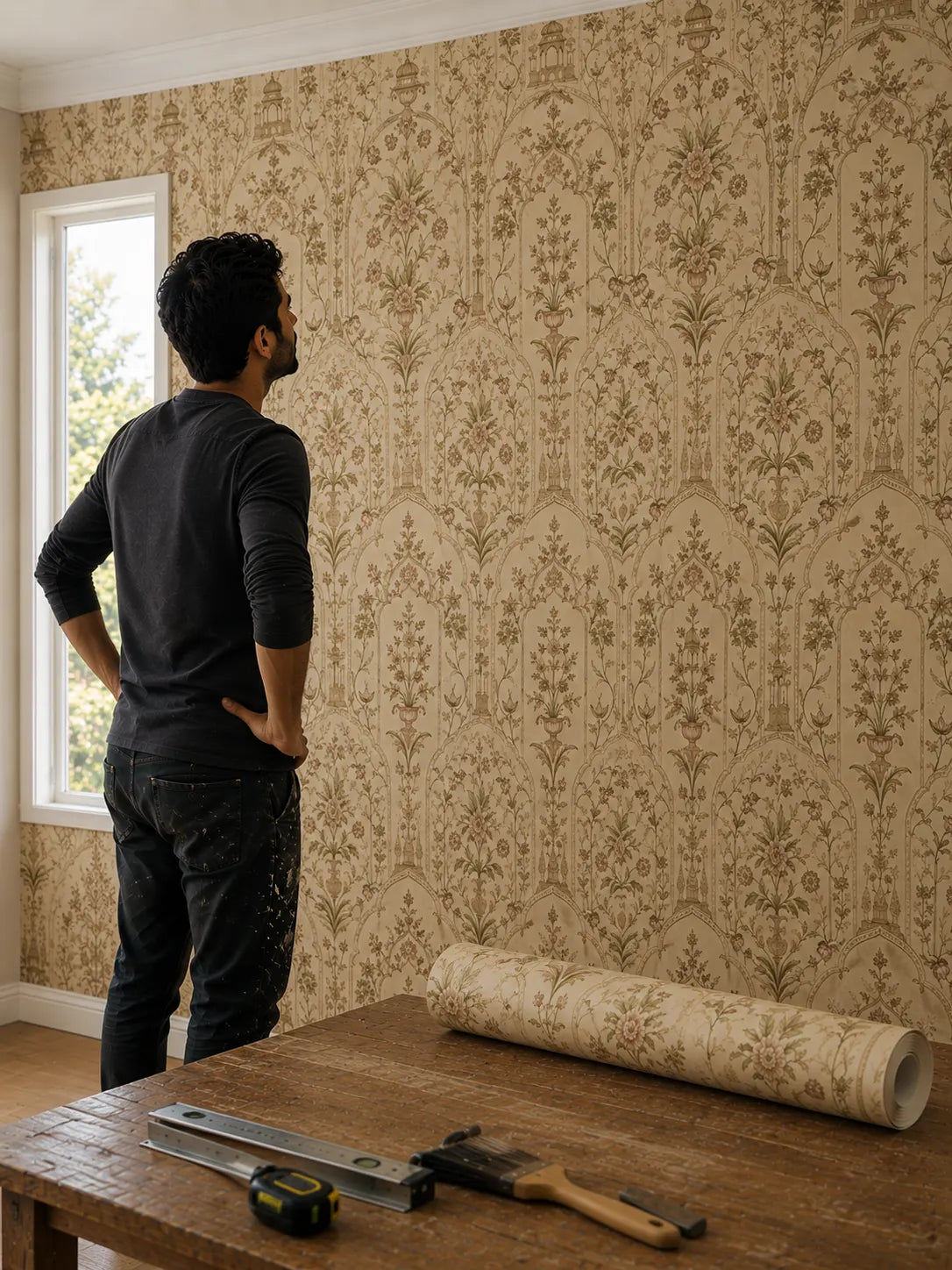 Botanical patterned wallpaper in a refined interior