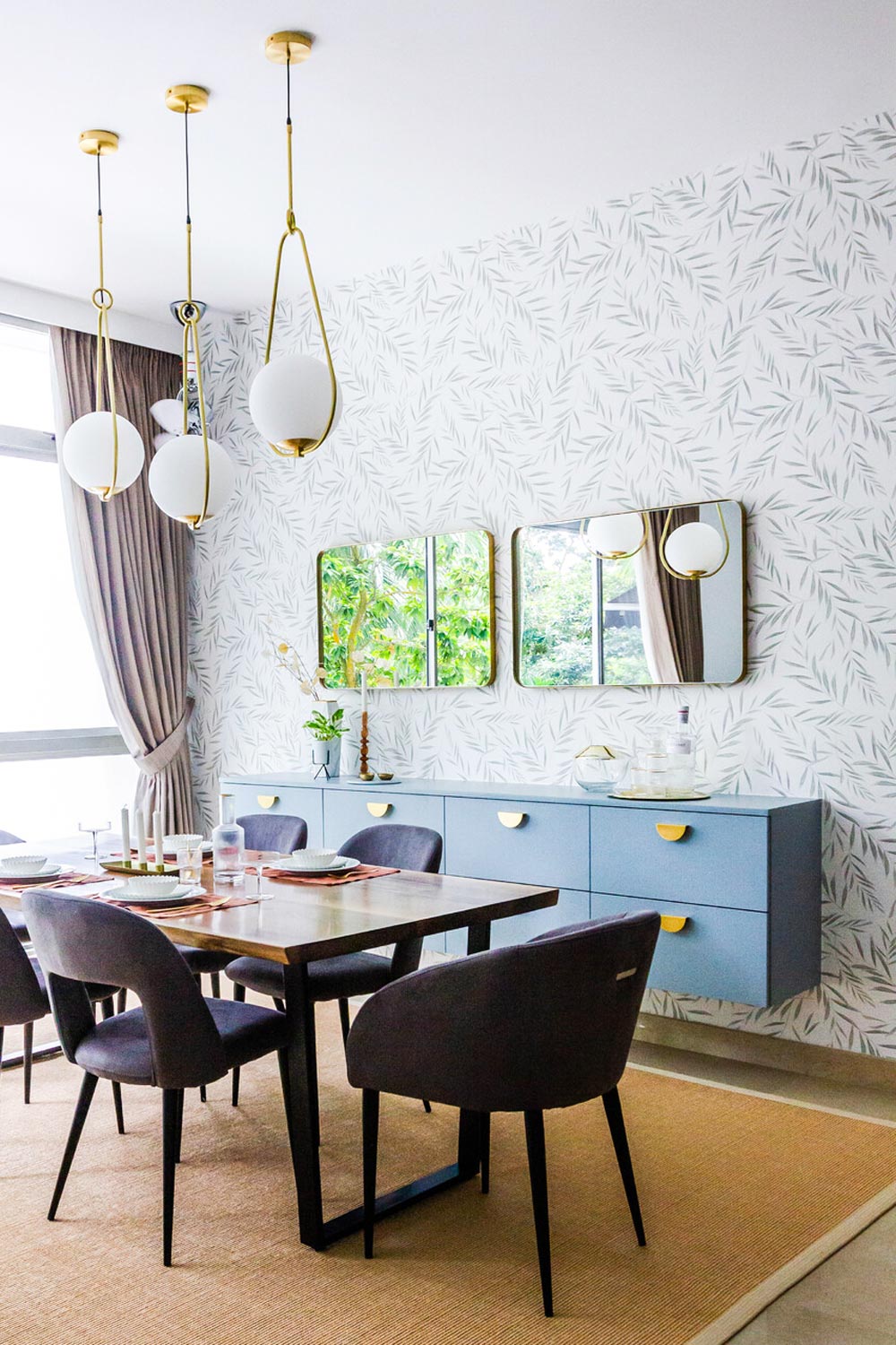 Bright dining interior with decorative wallpaper