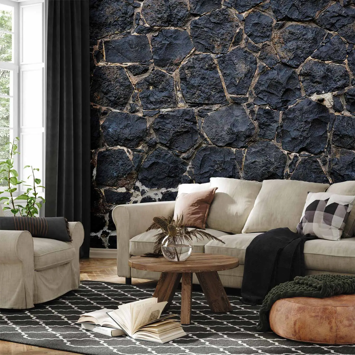 Textured stone-effect wallcovering in a living room